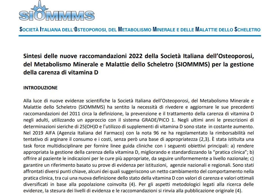 Sintesi in italiano delle nuove raccomandazioni 2022 SIOMMMS per la gestione della carenza di vitamina D