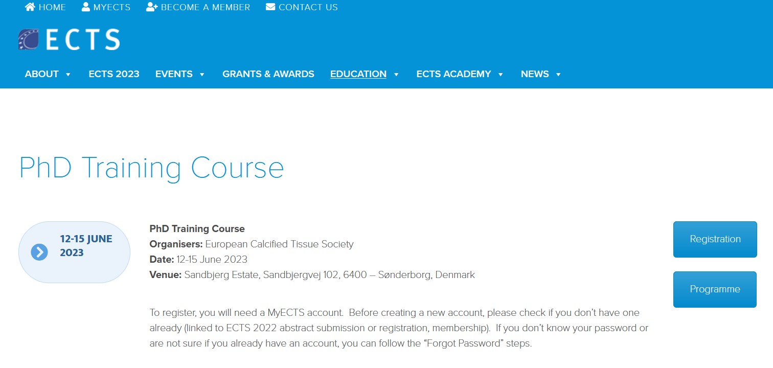 ECTS – European Calcified Tissue Society  PhD Training Course 12-15 giugno 2023